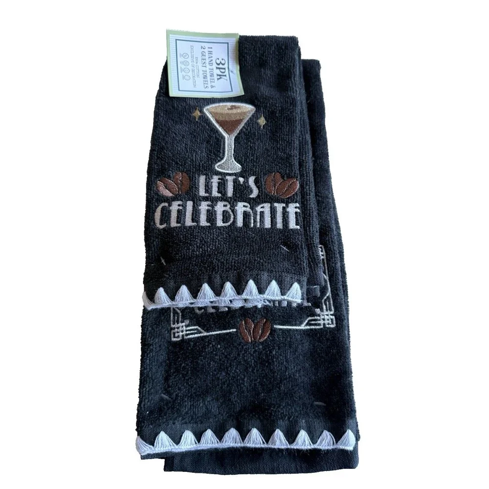 Let's Celebrate Fingertip Towels Hand Towel Set of 3 Black Martini Embroidered